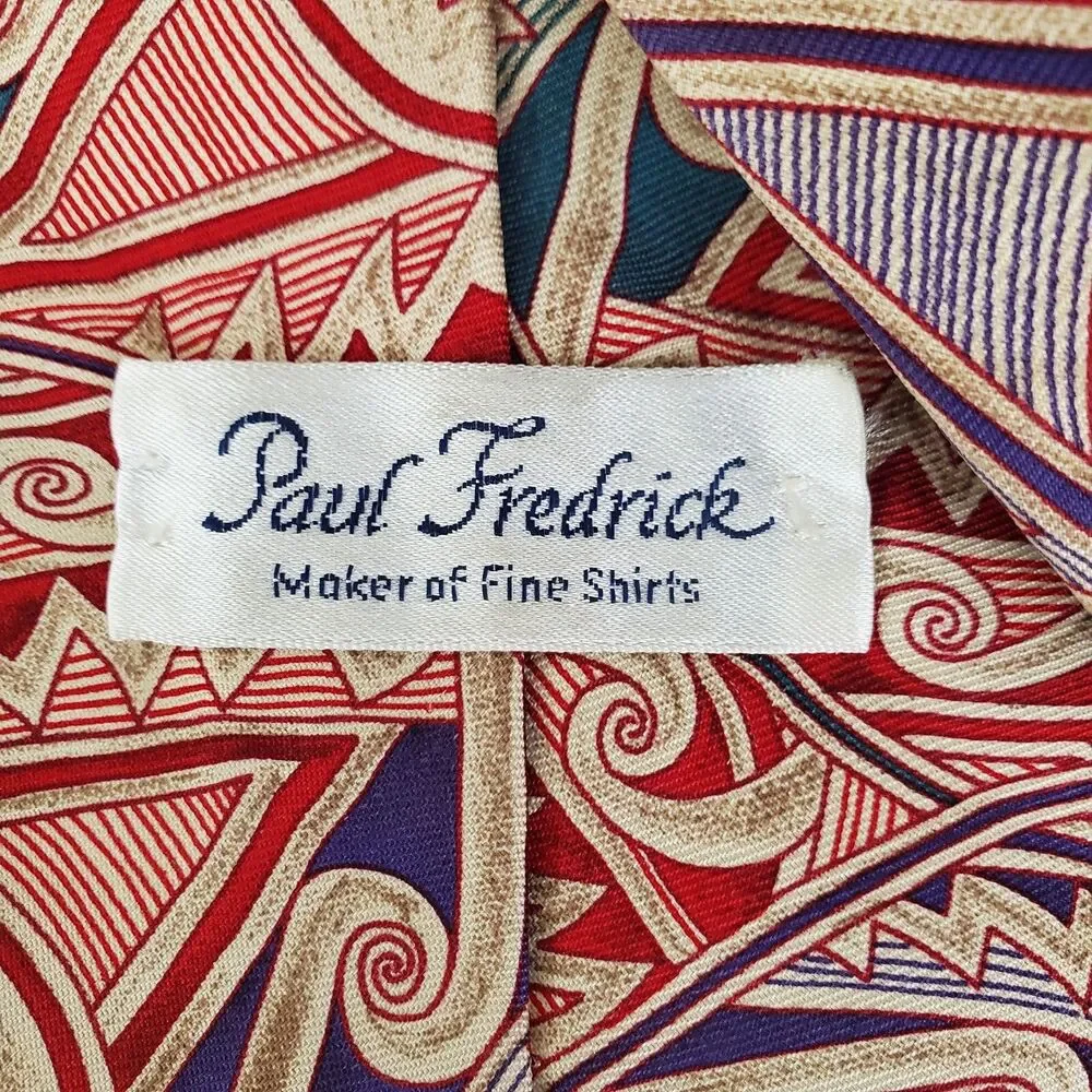 PAUL FREDRICK Handmade in‎ USA 100% Silk Men's Abstract Tan Red Green Necktie